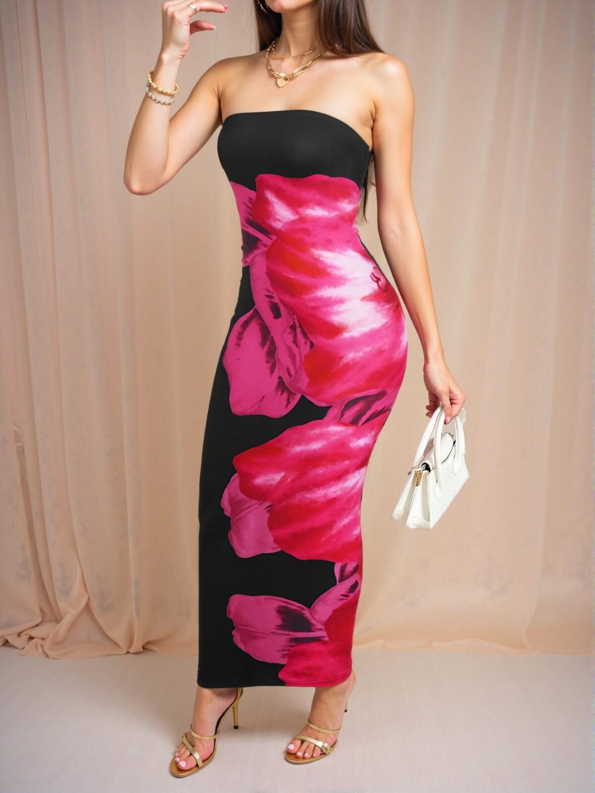 Elegant Hot Pink Stunning Floral Print Maxi Dress for Women – Chic, Classy and Trendy Fashion Style to Dress to Impress