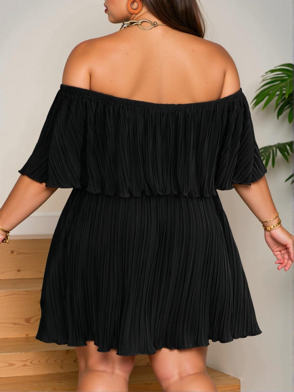 Elegant Black Off-Shoulder Ruffled Neckline Loose Pleated Dress for Effortless Style – Chic, Classy and Trendy Fashion to Dress to Impress - Image 2