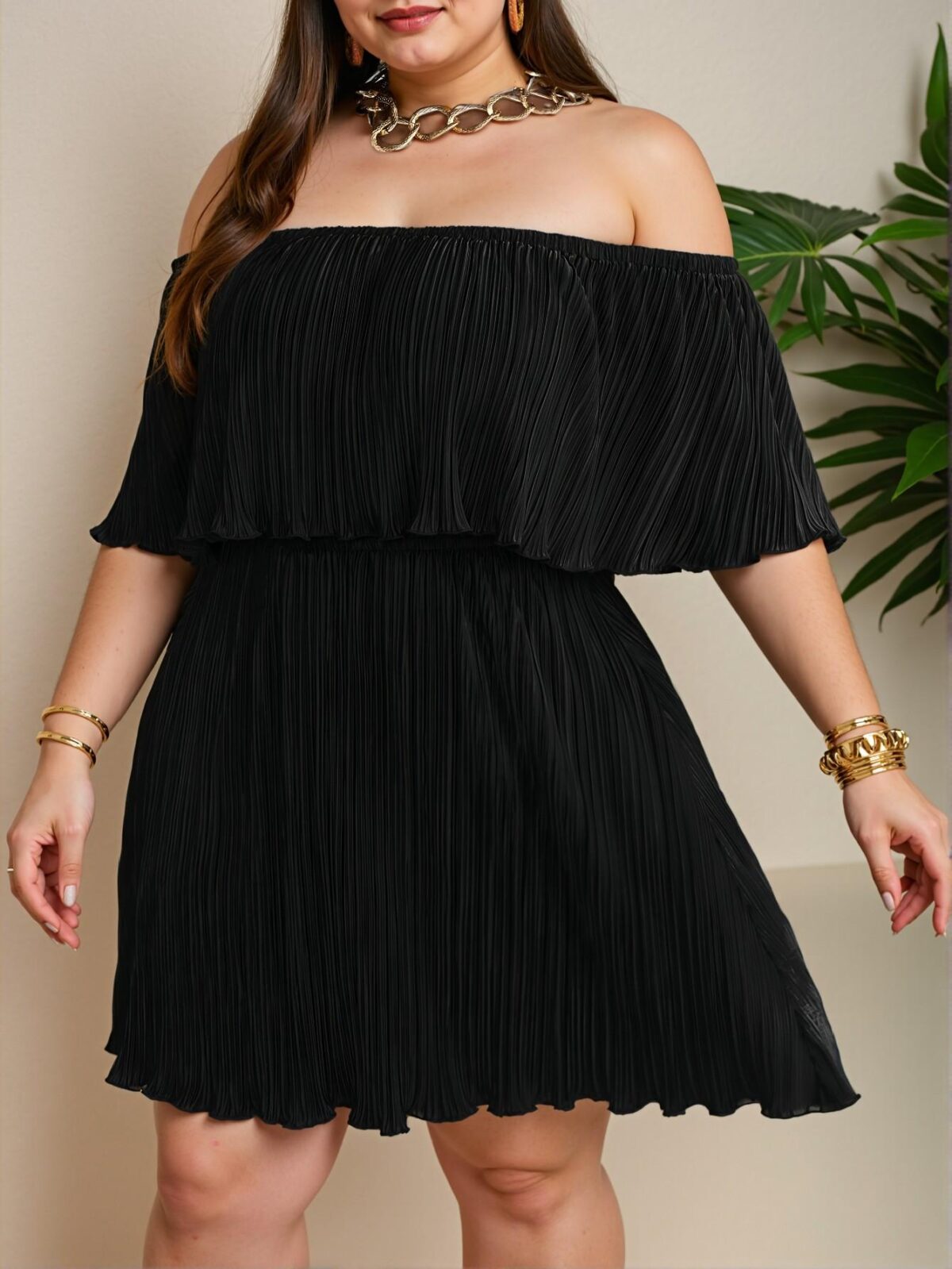 Elegant Black Off-Shoulder Ruffled Neckline Loose Pleated Dress for Effortless Style – Chic, Classy and Trendy Fashion to Dress to Impress - Image 3