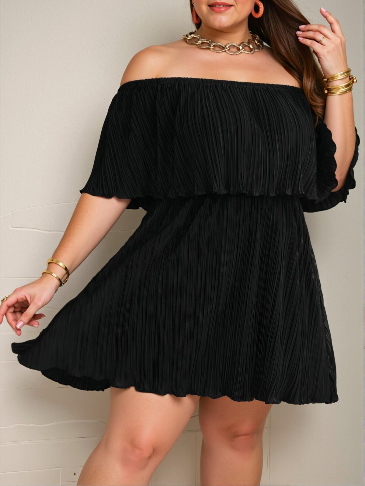 Elegant Black Off-Shoulder Ruffled Neckline Loose Pleated Dress for Effortless Style – Chic, Classy and Trendy Fashion to Dress to Impress - Image 4