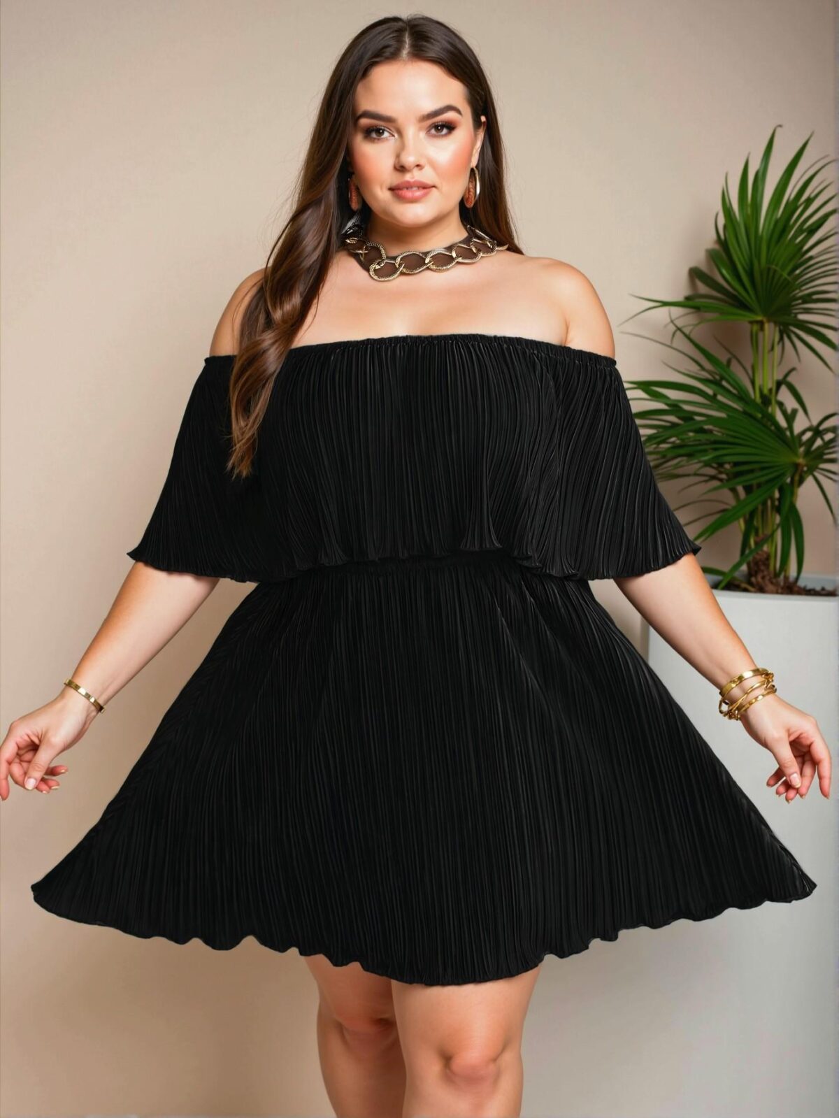 Elegant Black Off-Shoulder Ruffled Neckline Loose Pleated Dress for Effortless Style – Chic, Classy and Trendy Fashion to Dress to Impress - Image 5