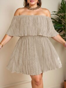 Elegant Apricot Flounced Off-Shoulder Pleated A-Line Dress for a Chic, Classy and Trendy Fashion Style to Dress to Impress