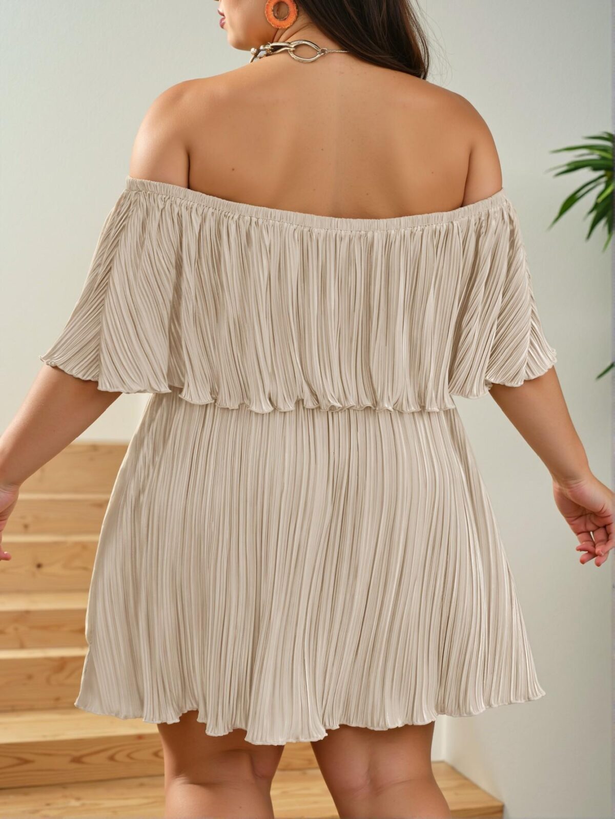 Elegant Apricot Flounced Off-Shoulder Pleated A-Line Dress for a Chic, Classy and Trendy Fashion Style to Dress to Impress - Image 2