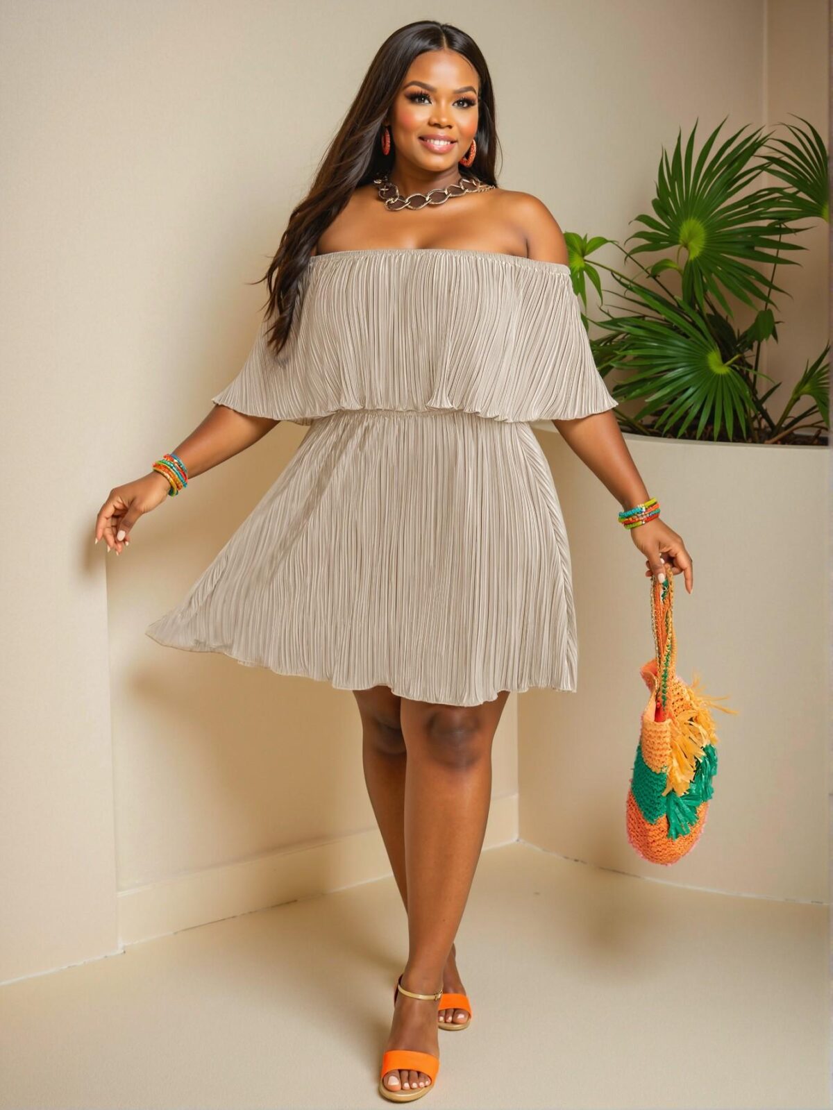 Elegant Apricot Flounced Off-Shoulder Pleated A-Line Dress for a Chic, Classy and Trendy Fashion Style to Dress to Impress - Image 4