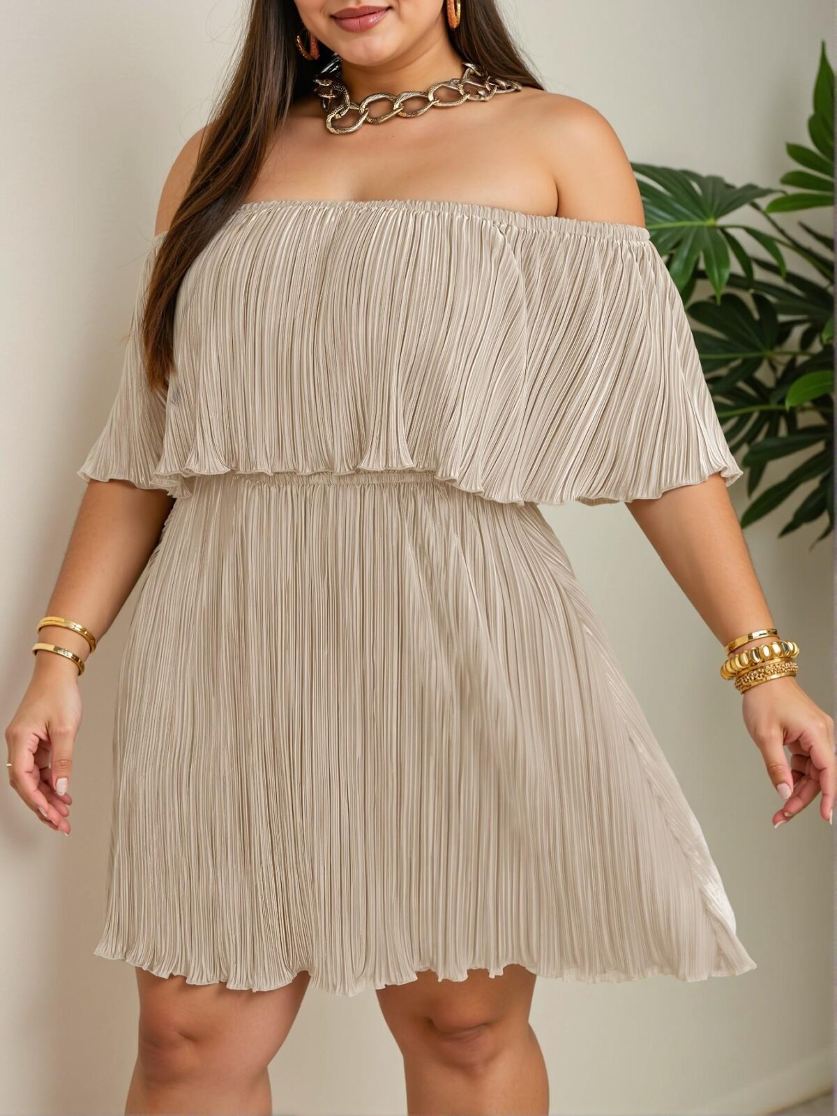 Elegant Apricot Flounced Off-Shoulder Pleated A-Line Dress for a Chic, Classy and Trendy Fashion Style to Dress to Impress - Image 5