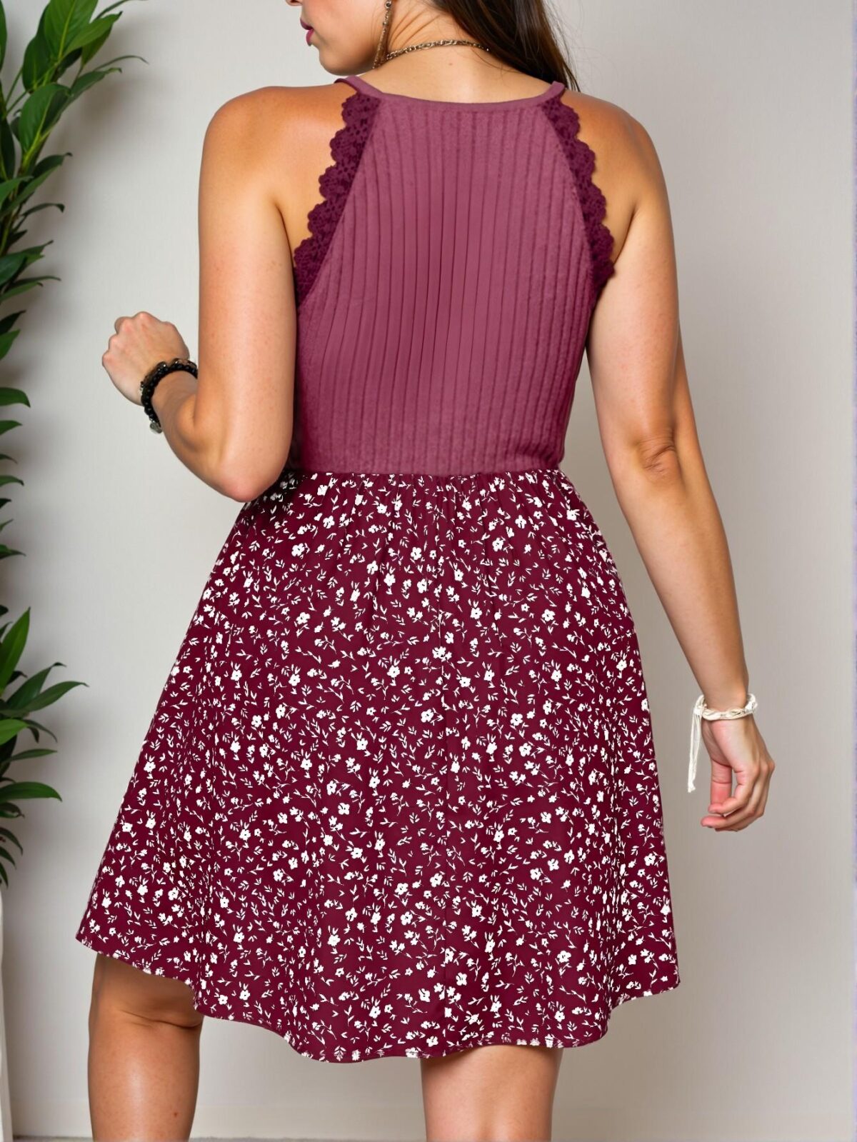 Elegant Burgundy Flared A-Line Dress with Lace Patchwork and Floral Print for Summer Vacation - Chic, Classy and Trendy Fashion Style to Dress to Impress - Image 2