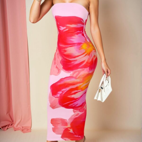 Elegant Dusty Pink Fitted Strapless Floral Print Maxi Dress for Women - Chic, Classy and Trendy Fashion Style to Dress to Impress