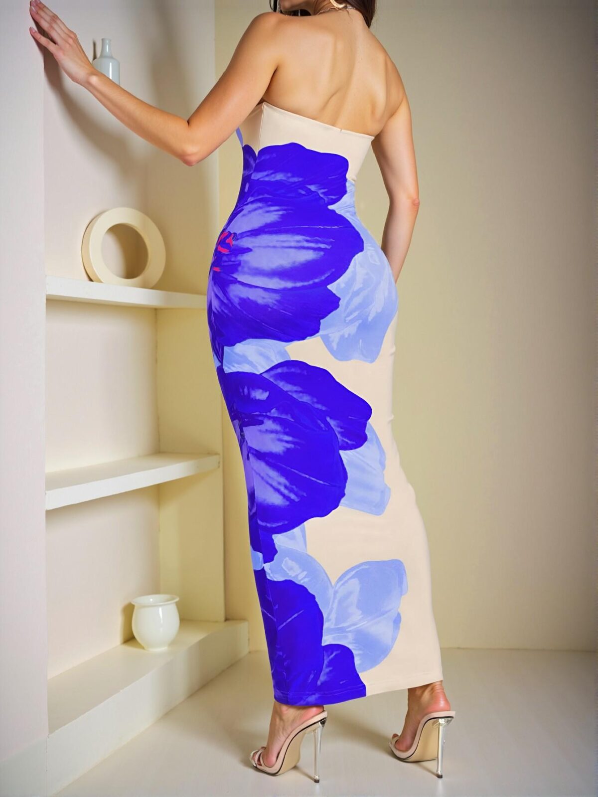 Elegant Blue and White Strapless Bodycon Floral Print Maxi Dress for a Stylish Evening Out - Chic, Classy, and Trendy Fashion Style to Dress to Impress - Image 2