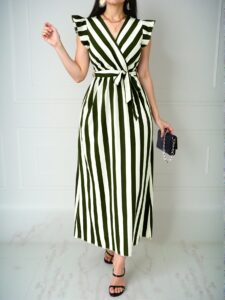 Elegant Army Green Flounce Sleeve A-Line Maxi Dress with Cinched Waist and Bow Belt in Striped Pattern – Chic, Classy, and Trendy Fashion Style to Dress to Impress