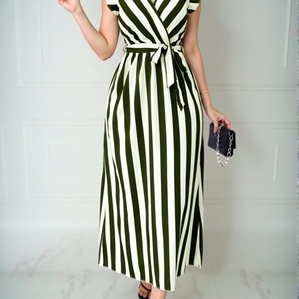 Elegant Army Green Flounce Sleeve A-Line Maxi Dress with Cinched Waist and Bow Belt in Striped Pattern – Chic, Classy, and Trendy Fashion Style to Dress to Impress