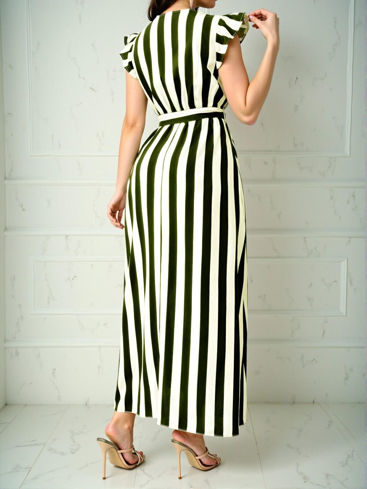 Elegant Army Green Flounce Sleeve A-Line Maxi Dress with Cinched Waist and Bow Belt in Striped Pattern – Chic, Classy, and Trendy Fashion Style to Dress to Impress - Image 2