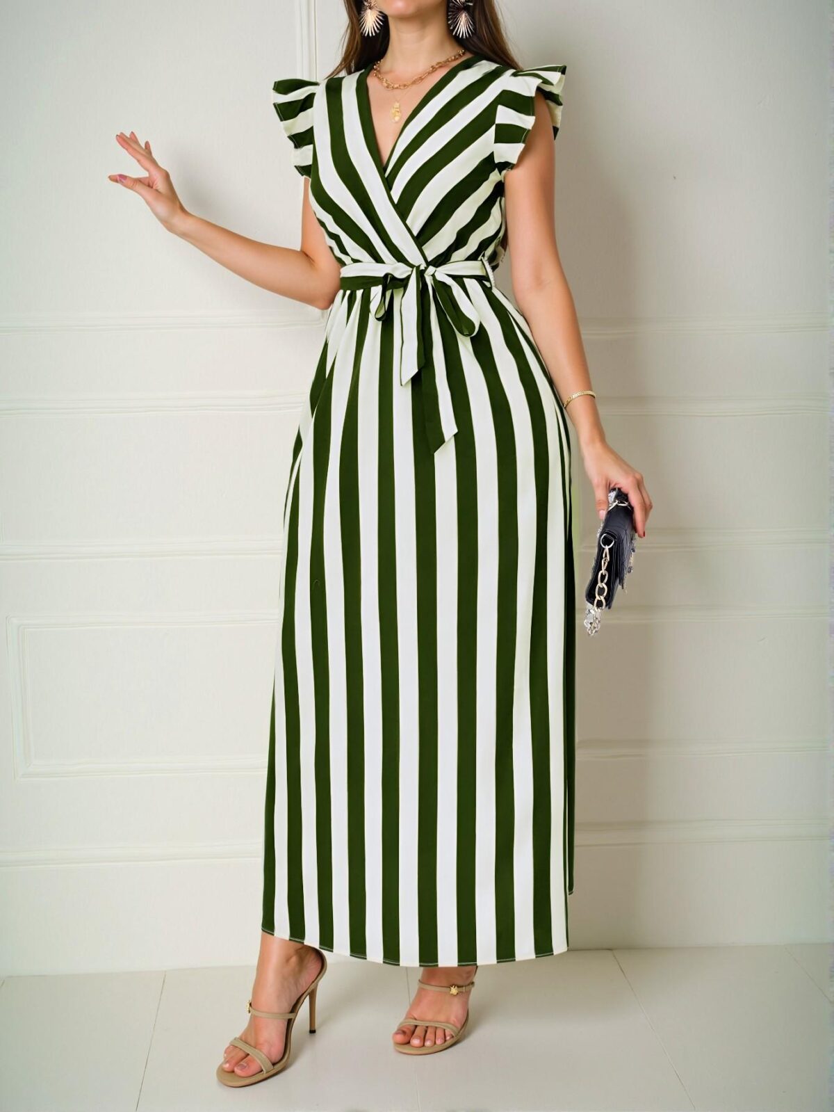 Elegant Army Green Flounce Sleeve A-Line Maxi Dress with Cinched Waist and Bow Belt in Striped Pattern – Chic, Classy, and Trendy Fashion Style to Dress to Impress - Image 3