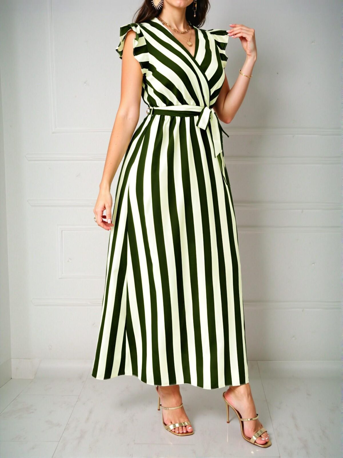 Elegant Army Green Flounce Sleeve A-Line Maxi Dress with Cinched Waist and Bow Belt in Striped Pattern – Chic, Classy, and Trendy Fashion Style to Dress to Impress - Image 4