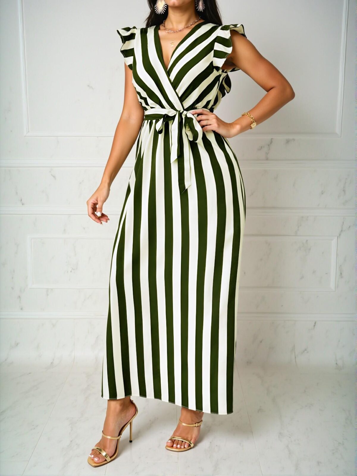 Elegant Army Green Flounce Sleeve A-Line Maxi Dress with Cinched Waist and Bow Belt in Striped Pattern – Chic, Classy, and Trendy Fashion Style to Dress to Impress - Image 5