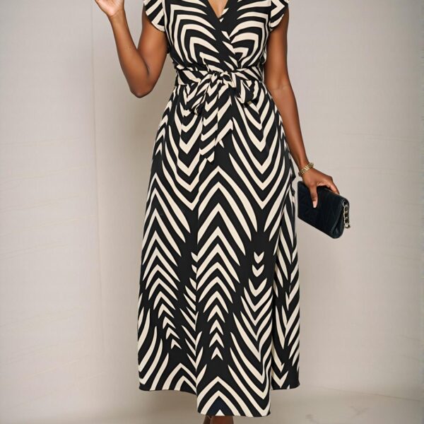 Elegant Black A-Line Maxi Dress with Flutter Sleeves and Bow Belt in Vertical Stripes - Chic, Classy, and Trendy Fashion Style to Dress to Impress