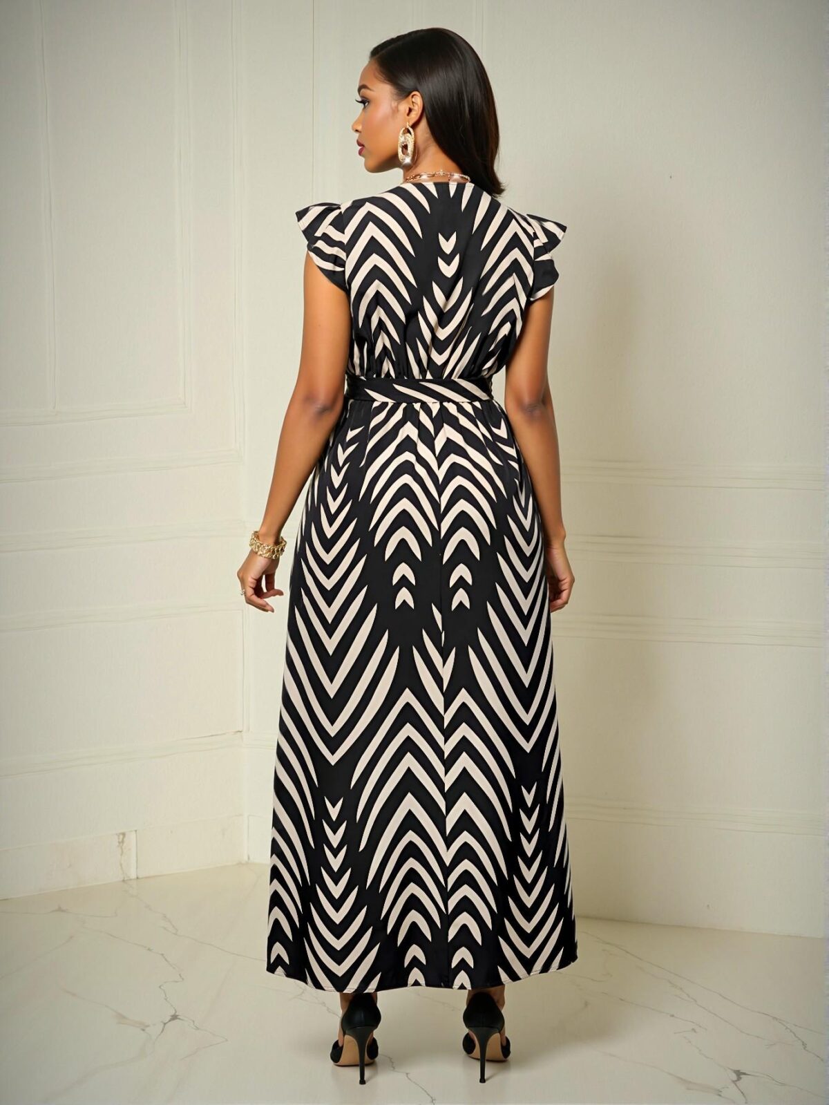 Elegant Black A-Line Maxi Dress with Flutter Sleeves and Bow Belt in Vertical Stripes - Chic, Classy, and Trendy Fashion Style to Dress to Impress - Image 2