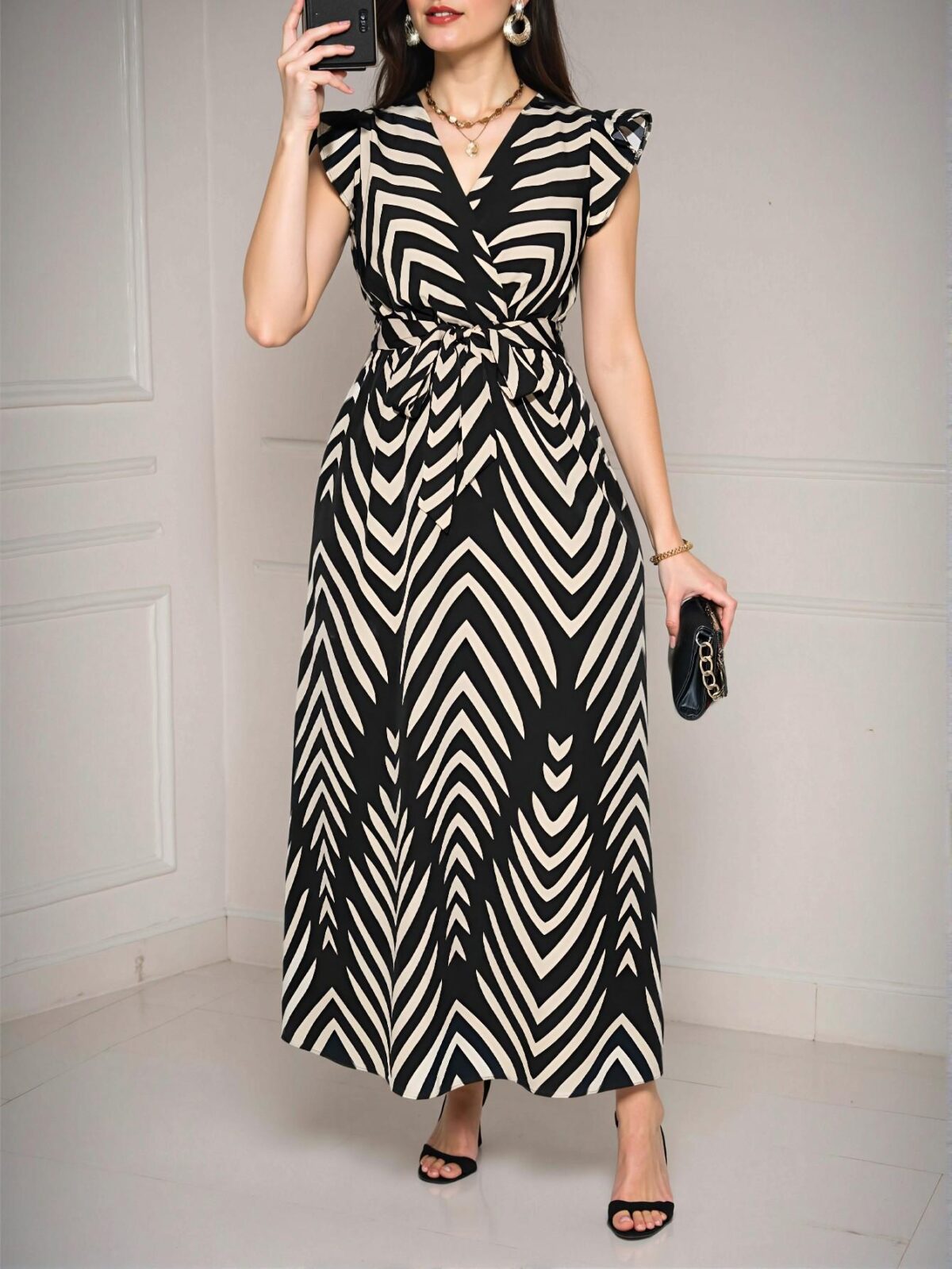 Elegant Black A-Line Maxi Dress with Flutter Sleeves and Bow Belt in Vertical Stripes - Chic, Classy, and Trendy Fashion Style to Dress to Impress - Image 3