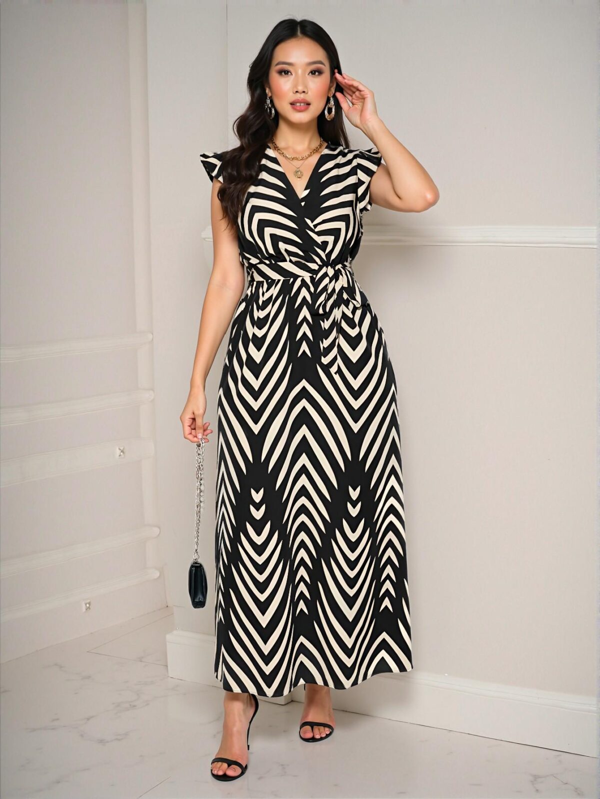Elegant Black A-Line Maxi Dress with Flutter Sleeves and Bow Belt in Vertical Stripes - Chic, Classy, and Trendy Fashion Style to Dress to Impress - Image 4