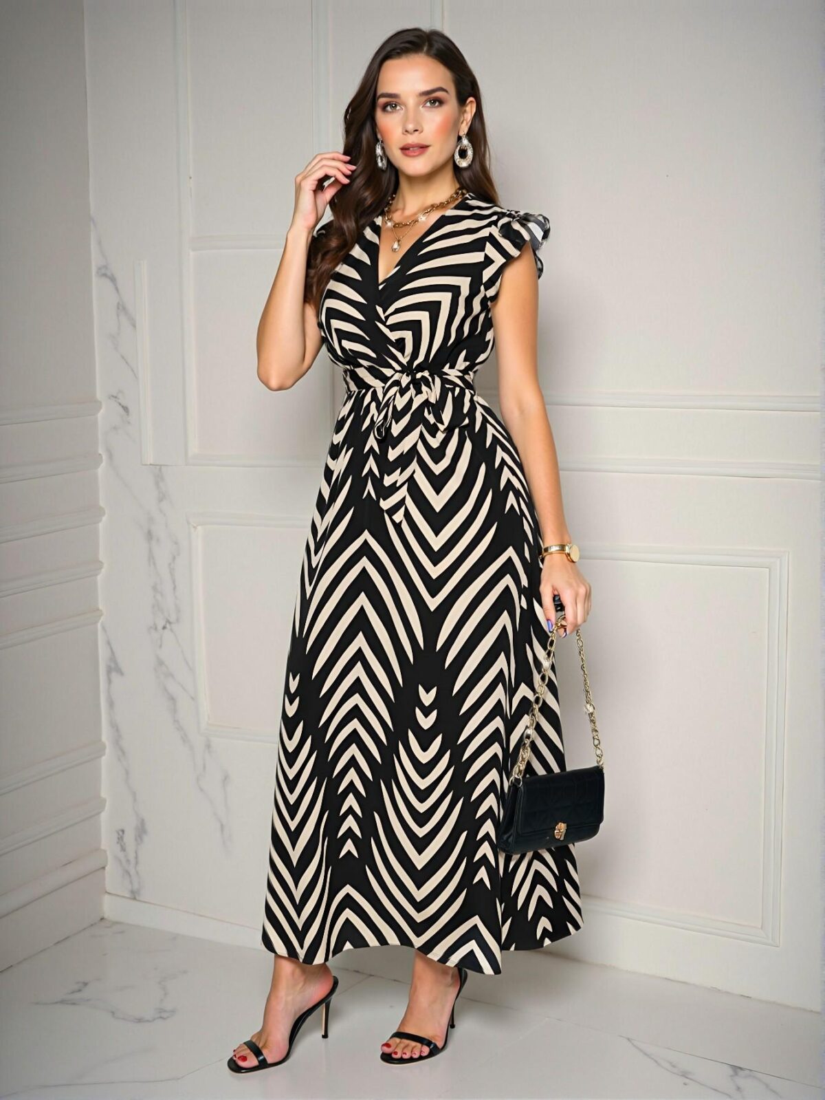 Elegant Black A-Line Maxi Dress with Flutter Sleeves and Bow Belt in Vertical Stripes - Chic, Classy, and Trendy Fashion Style to Dress to Impress - Image 5