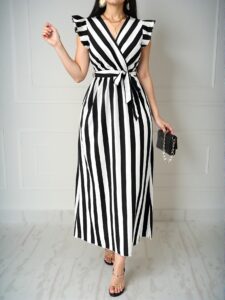 Elegant Black and White Striped Maxi Dress with V-Neck, Cinched Waist, and Flounce Sleeves – Chic, Classy, and Trendy Fashion Style to Dress to Impress