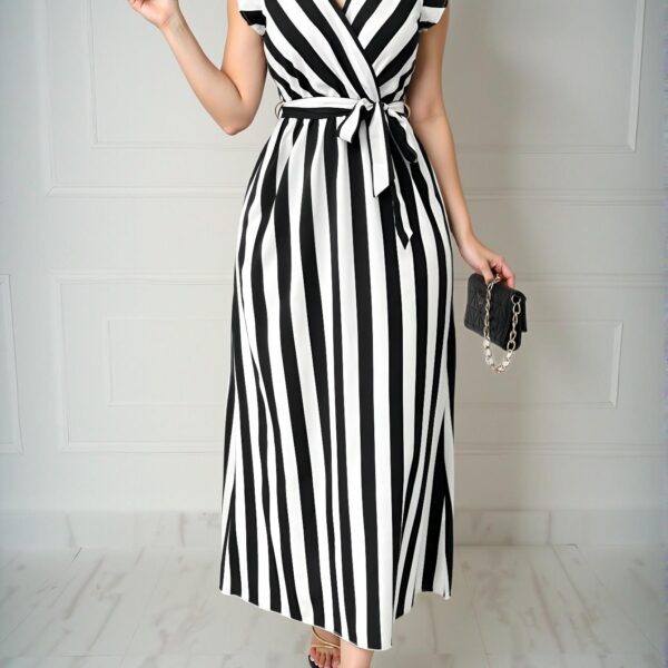 Elegant Black and White Striped Maxi Dress with V-Neck, Cinched Waist, and Flounce Sleeves – Chic, Classy, and Trendy Fashion Style to Dress to Impress