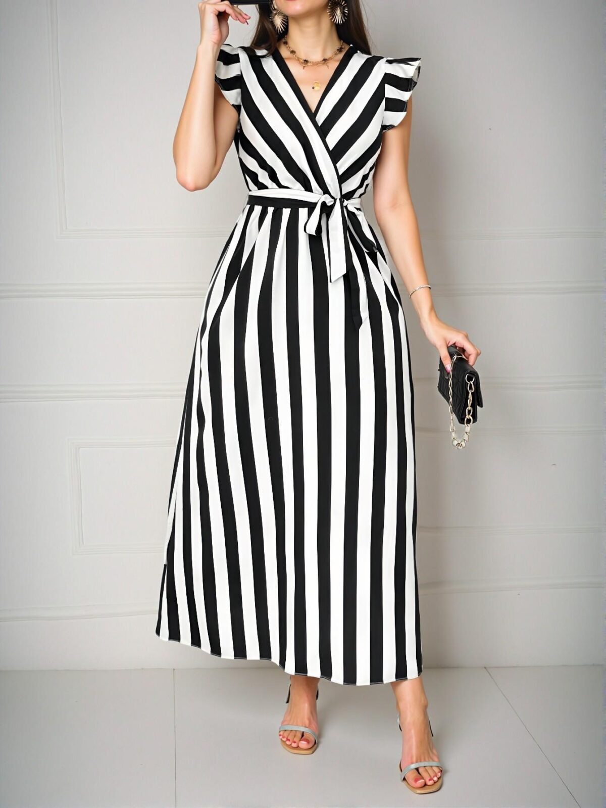Elegant Black and White Striped Maxi Dress with V-Neck, Cinched Waist, and Flounce Sleeves – Chic, Classy, and Trendy Fashion Style to Dress to Impress - Image 2