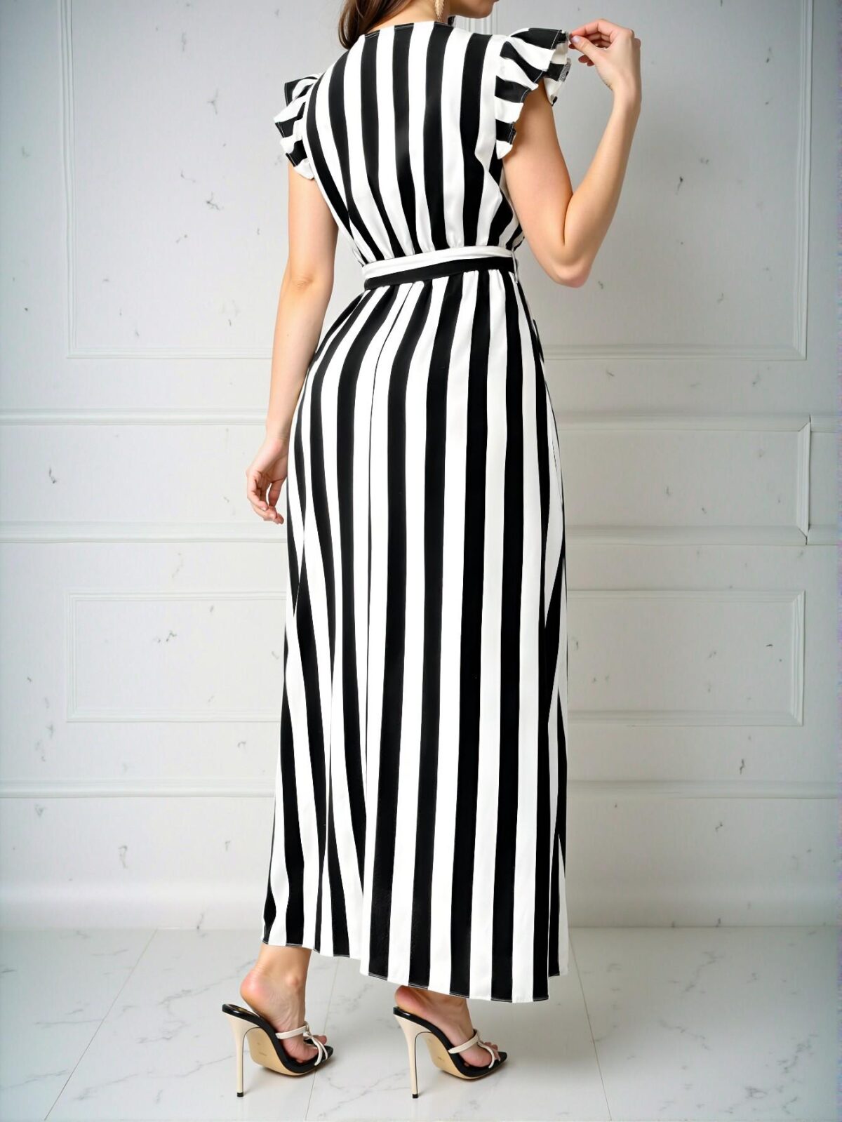 Elegant Black and White Striped Maxi Dress with V-Neck, Cinched Waist, and Flounce Sleeves – Chic, Classy, and Trendy Fashion Style to Dress to Impress - Image 3