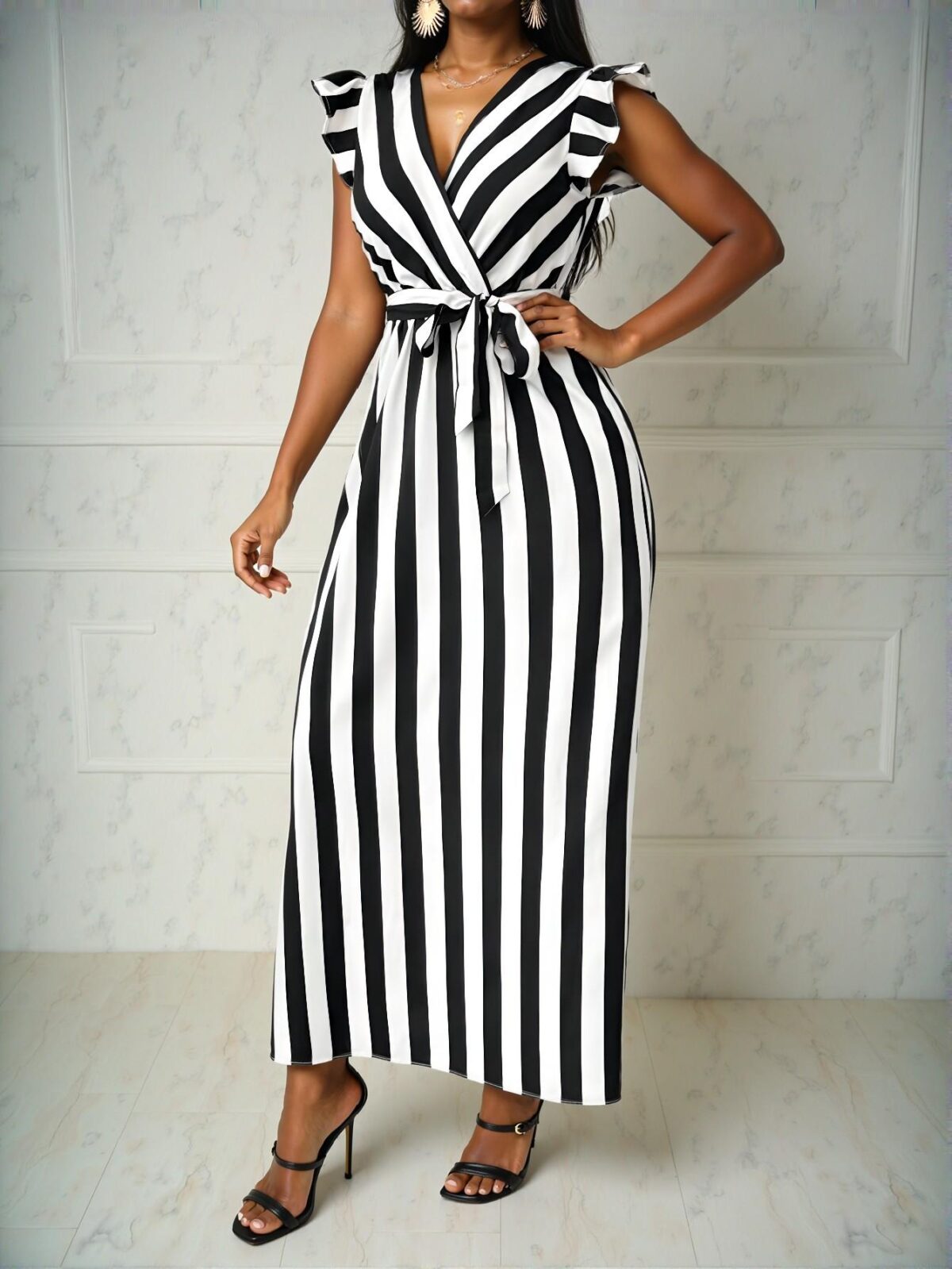 Elegant Black and White Striped Maxi Dress with V-Neck, Cinched Waist, and Flounce Sleeves – Chic, Classy, and Trendy Fashion Style to Dress to Impress - Image 4