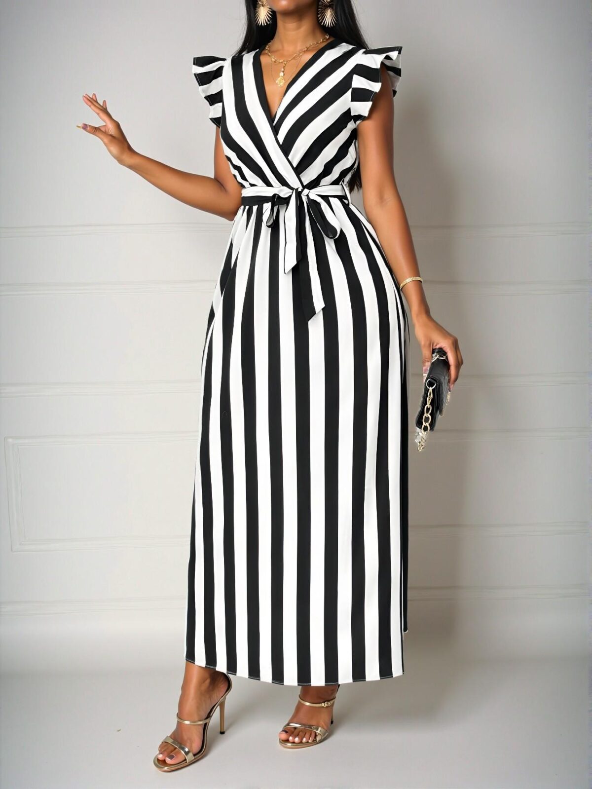 Elegant Black and White Striped Maxi Dress with V-Neck, Cinched Waist, and Flounce Sleeves – Chic, Classy, and Trendy Fashion Style to Dress to Impress - Image 5
