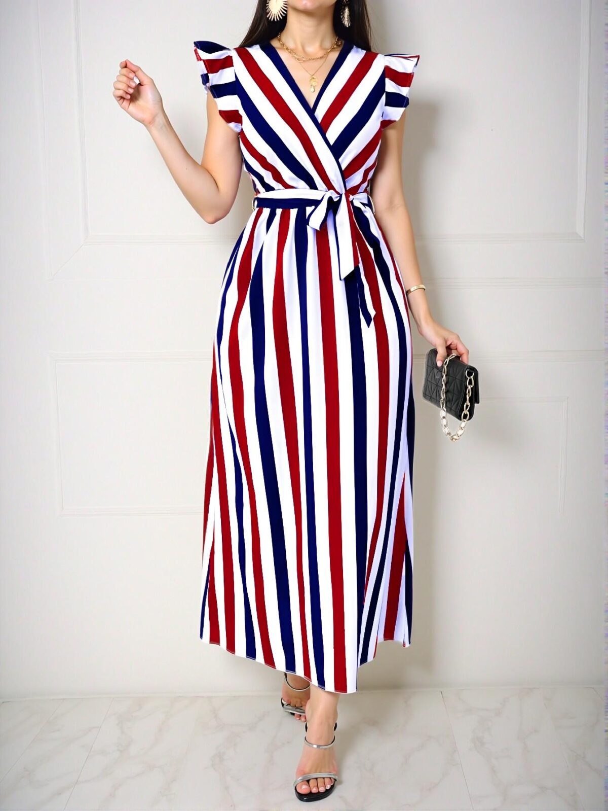 Elegant Multicolor Flounce Sleeve A-Line Dress with Waist Tie and Striped Design for a Chic, Classy, and Trendy Fashion Style to Dress to Impress