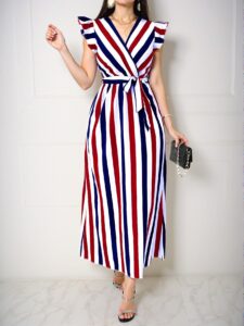 Elegant Multicolor Flounce Sleeve A-Line Dress with Waist Tie and Striped Design for a Chic, Classy, and Trendy Fashion Style to Dress to Impress