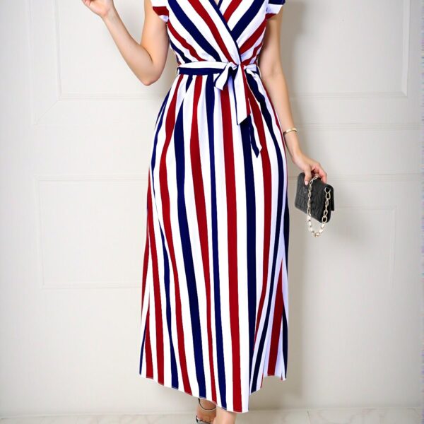 Elegant Multicolor Flounce Sleeve A-Line Dress with Waist Tie and Striped Design for a Chic, Classy, and Trendy Fashion Style to Dress to Impress