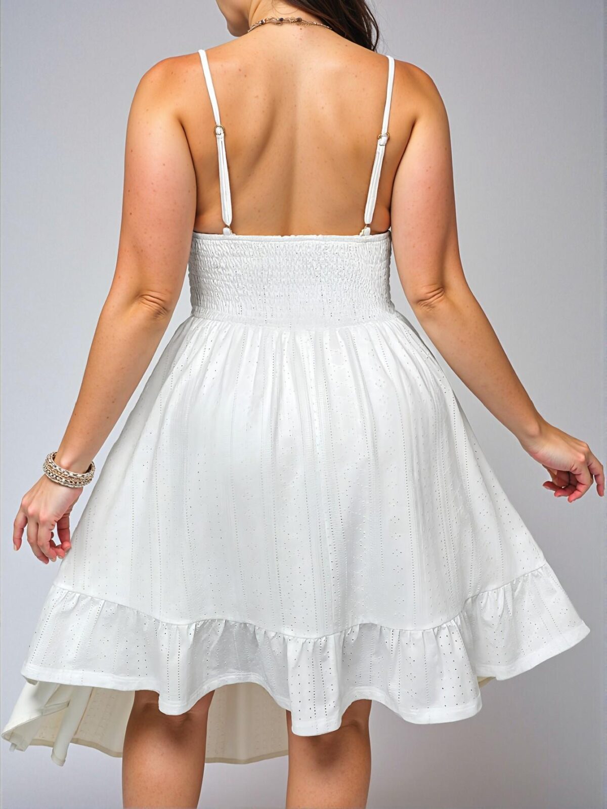 Elegant White Casual Spaghetti Strap Dress with Batik Embroidery and Waist Decor – Chic, Classy and Trendy Fashion Style to Dress to Impress - Image 2