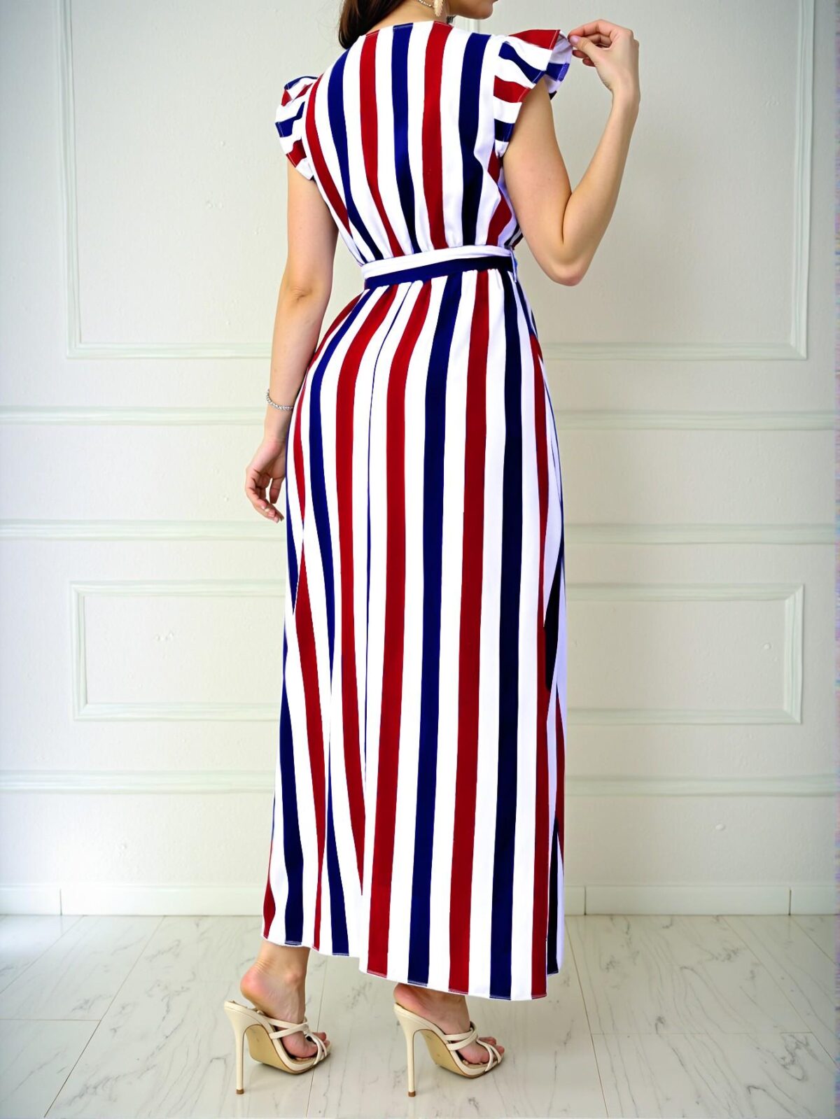 Elegant Multicolor Flounce Sleeve A-Line Dress with Waist Tie and Striped Design for a Chic, Classy, and Trendy Fashion Style to Dress to Impress - Image 2