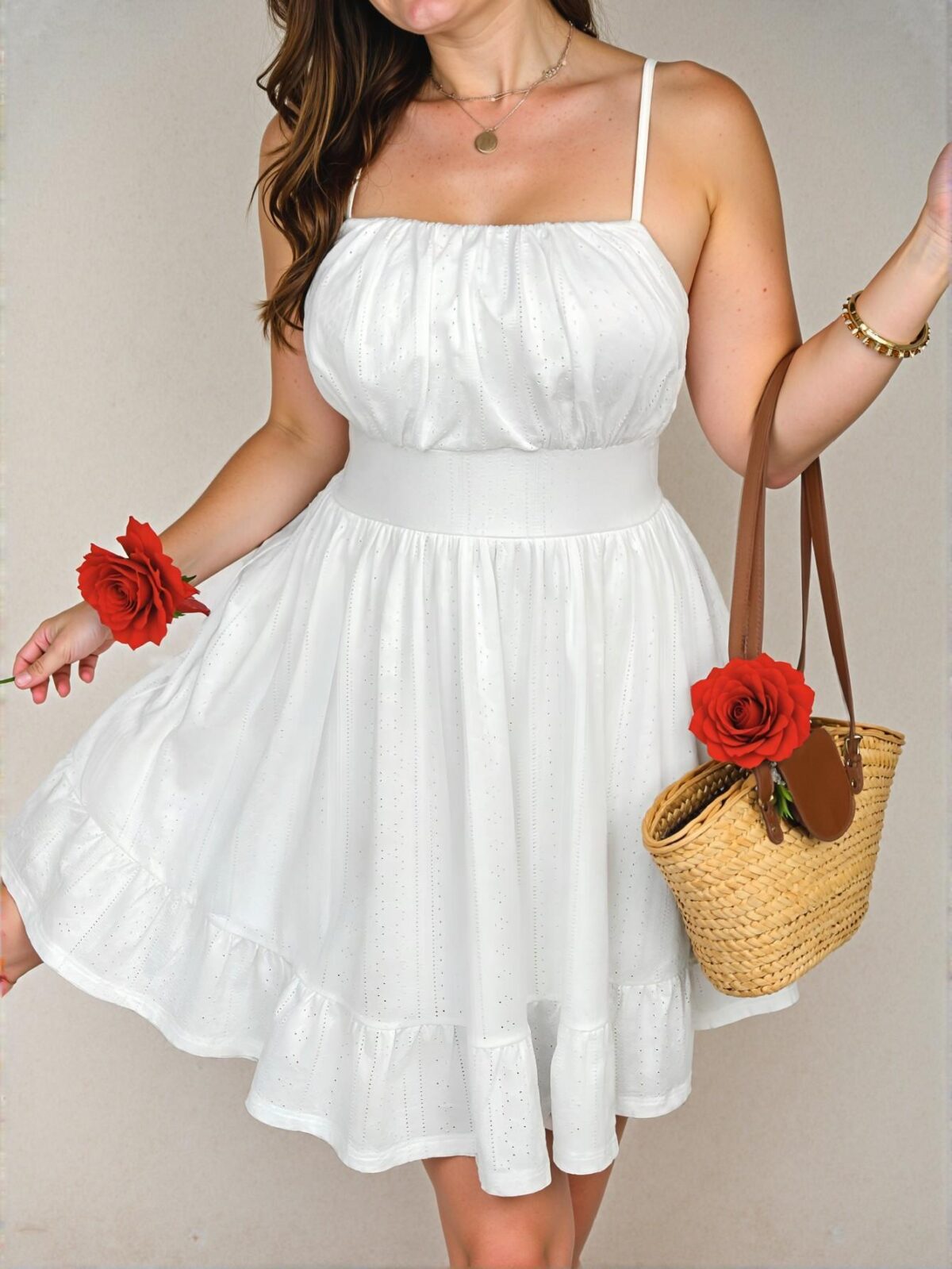 Elegant White Casual Spaghetti Strap Dress with Batik Embroidery and Waist Decor – Chic, Classy and Trendy Fashion Style to Dress to Impress - Image 3