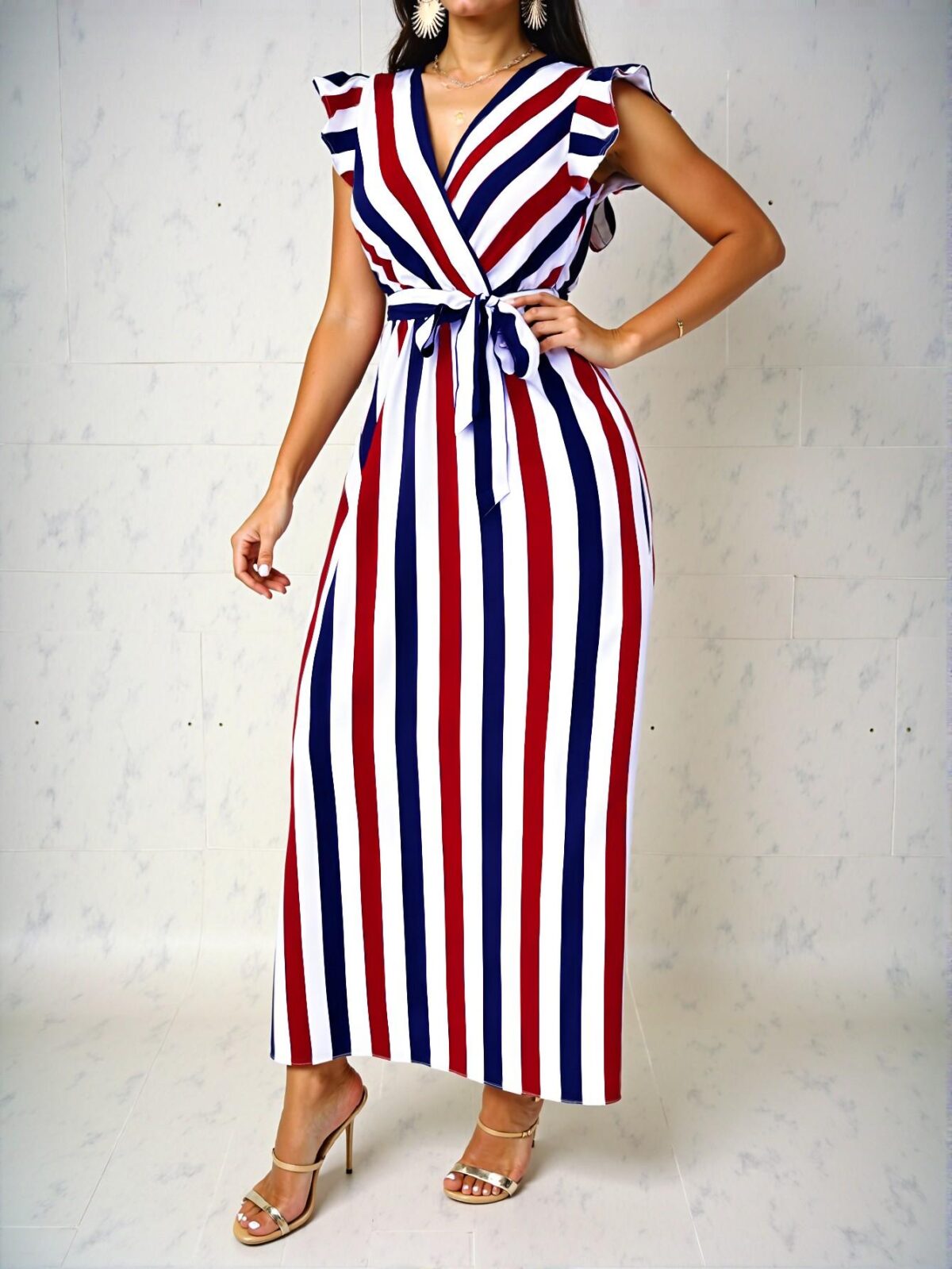 Elegant Multicolor Flounce Sleeve A-Line Dress with Waist Tie and Striped Design for a Chic, Classy, and Trendy Fashion Style to Dress to Impress - Image 3