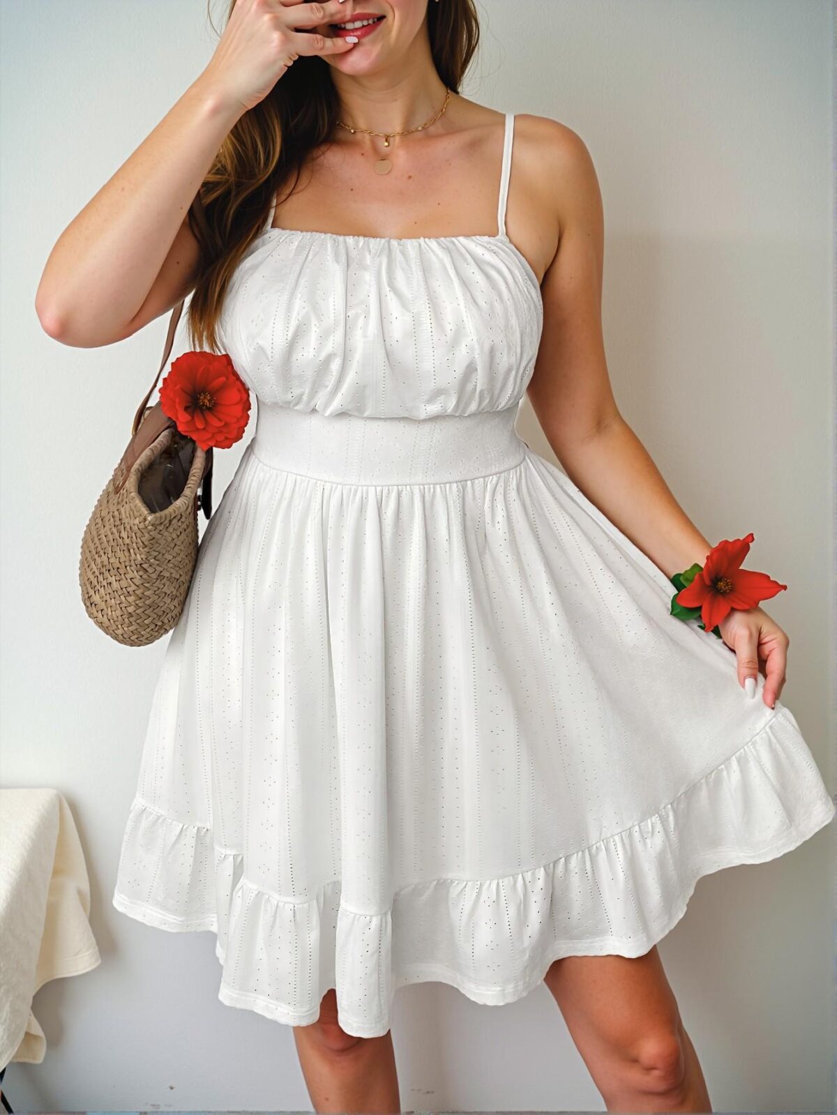 Elegant White Casual Spaghetti Strap Dress with Batik Embroidery and Waist Decor – Chic, Classy and Trendy Fashion Style to Dress to Impress - Image 5