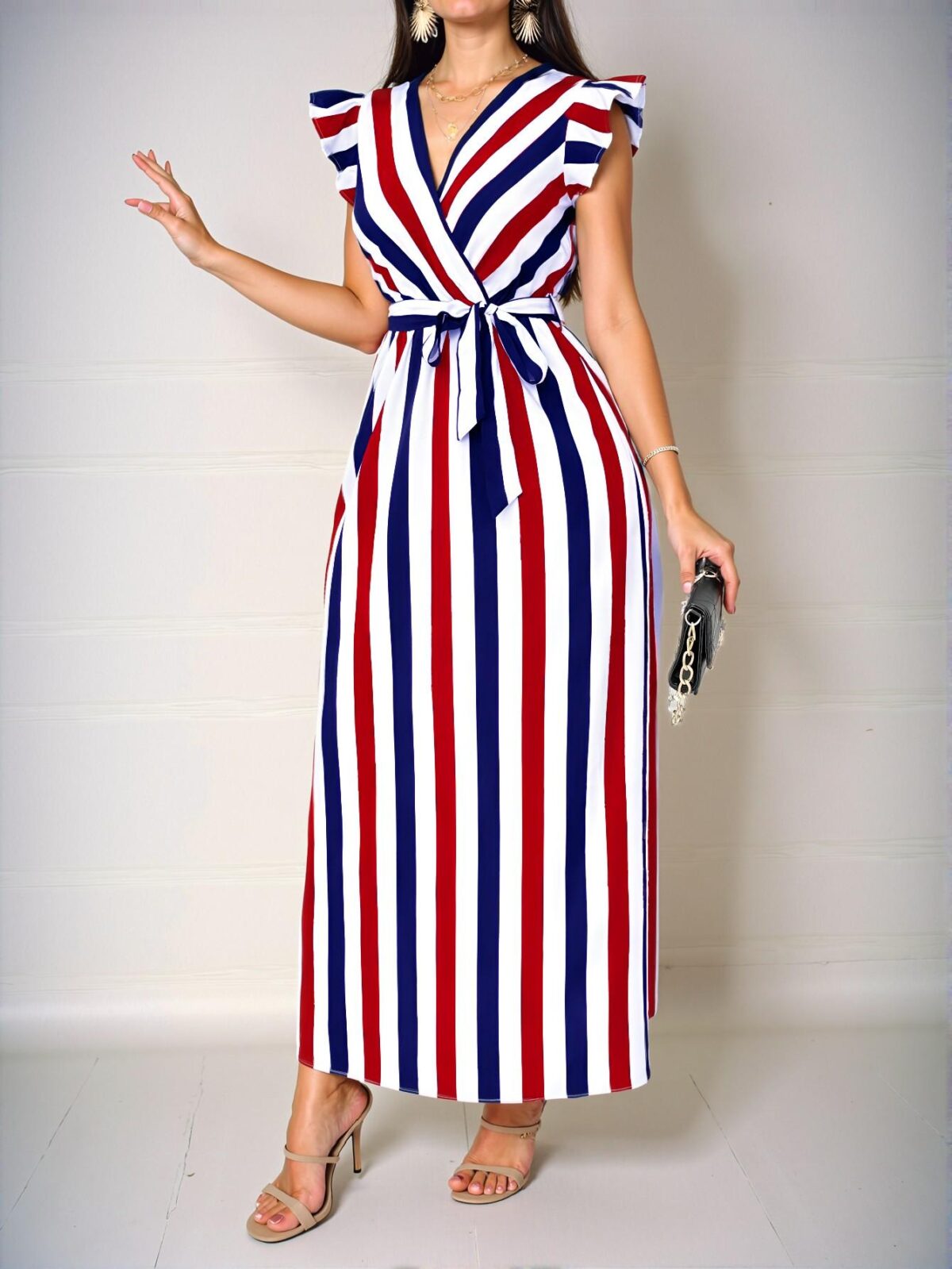 Elegant Multicolor Flounce Sleeve A-Line Dress with Waist Tie and Striped Design for a Chic, Classy, and Trendy Fashion Style to Dress to Impress - Image 4
