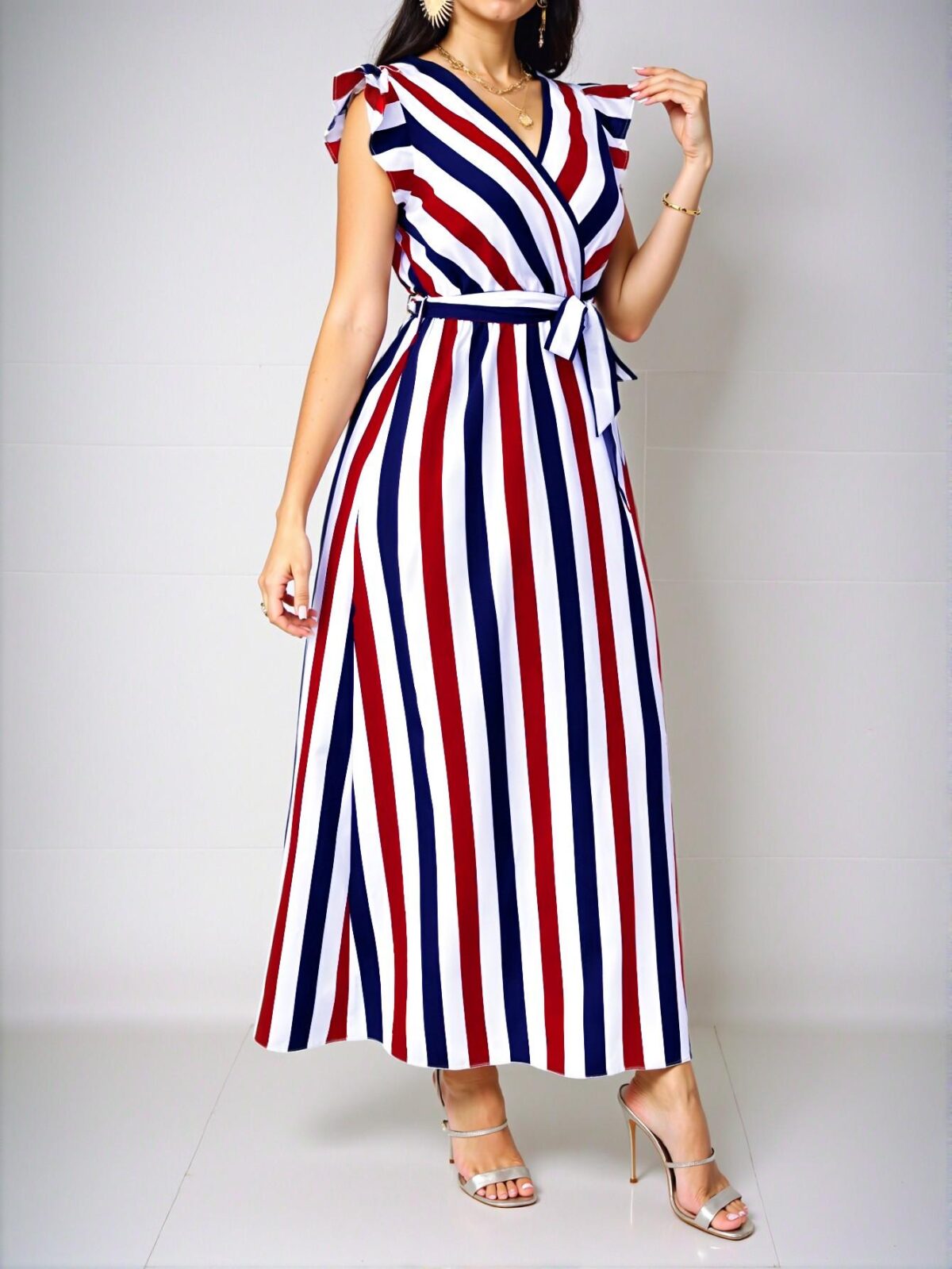 Elegant Multicolor Flounce Sleeve A-Line Dress with Waist Tie and Striped Design for a Chic, Classy, and Trendy Fashion Style to Dress to Impress - Image 5