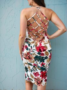 Elegant Multicolor Floral Print Crisscross Backless Halter Neck Bodycon Dress Chic, Classy and Trendy Fashion Style to Dress to Impress