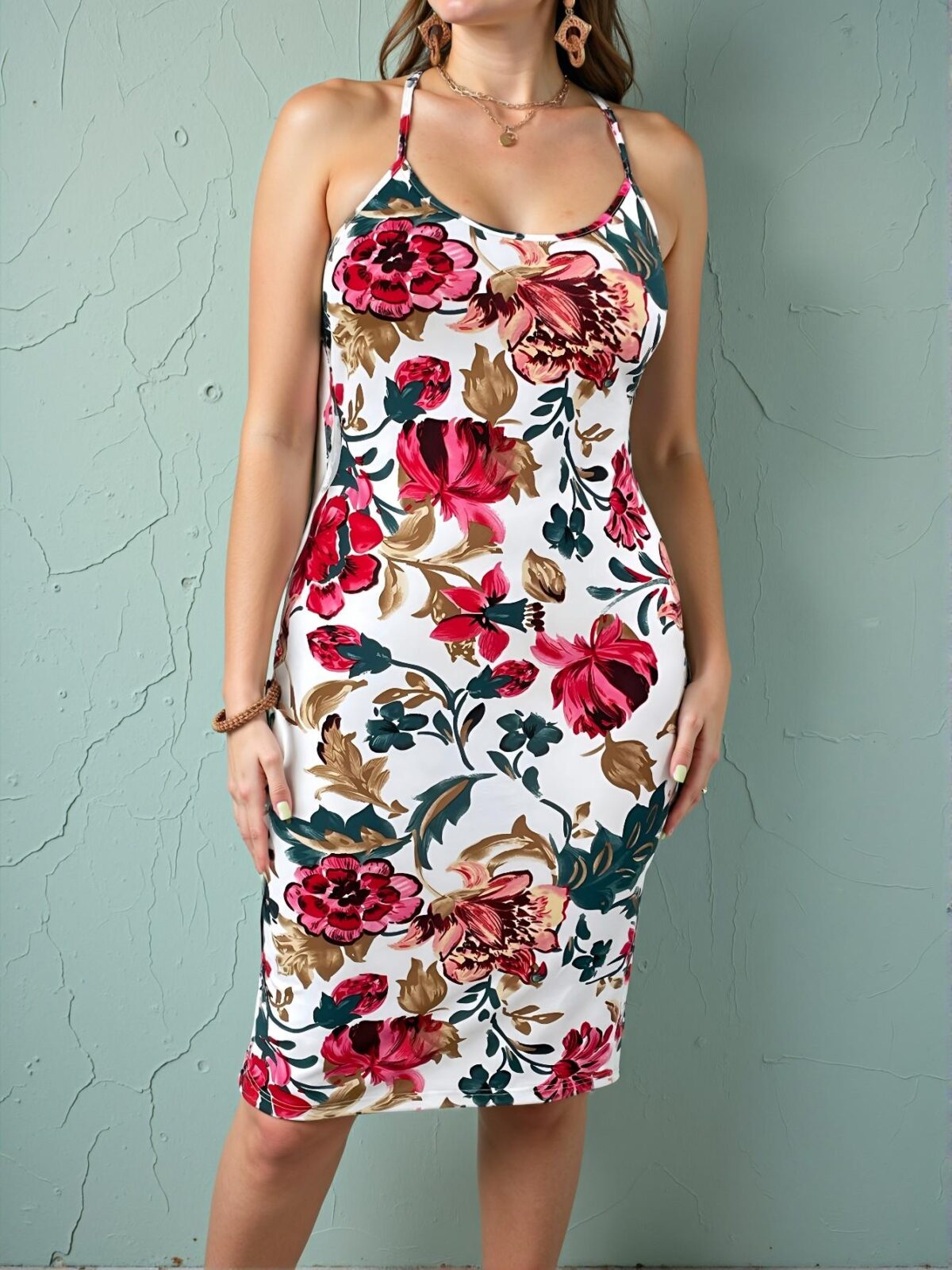 Elegant Multicolor Floral Print Crisscross Backless Halter Neck Bodycon Dress Chic, Classy and Trendy Fashion Style to Dress to Impress - Image 2