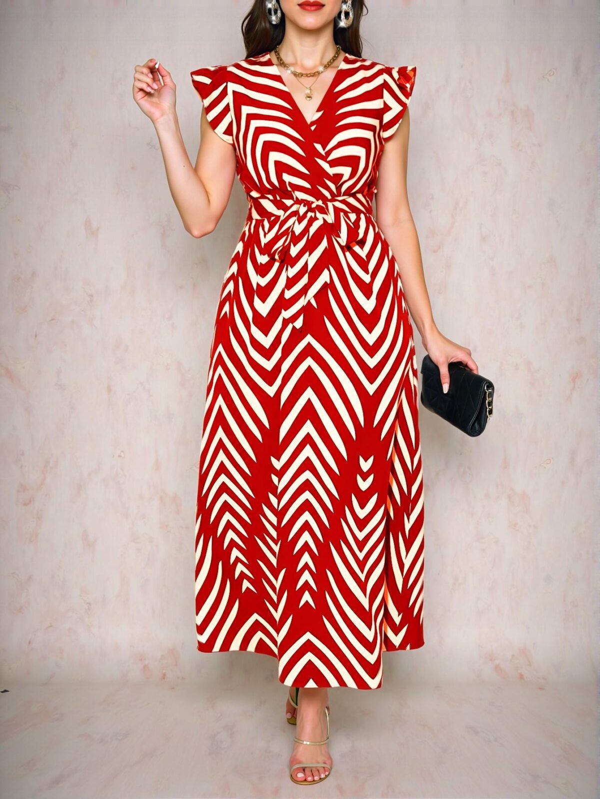 Elegant Red Flared V-Neck Dress with Butterfly Sleeves and Sash Tie - Chic, Classy and Trendy Fashion Style to Dress to Impress