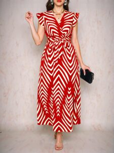 Elegant Red Flared V-Neck Dress with Butterfly Sleeves and Sash Tie - Chic, Classy and Trendy Fashion Style to Dress to Impress
