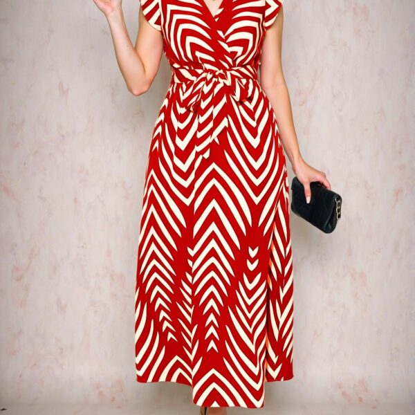 Elegant Red Flared V-Neck Dress with Butterfly Sleeves and Sash Tie - Chic, Classy and Trendy Fashion Style to Dress to Impress