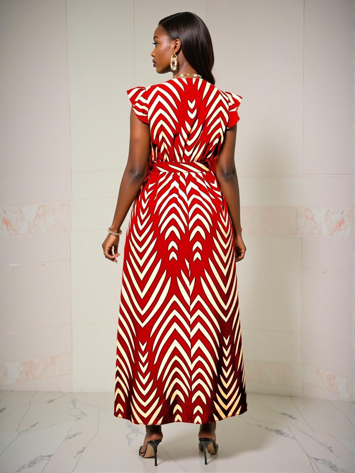Elegant Red Flared V-Neck Dress with Butterfly Sleeves and Sash Tie - Chic, Classy and Trendy Fashion Style to Dress to Impress - Image 2