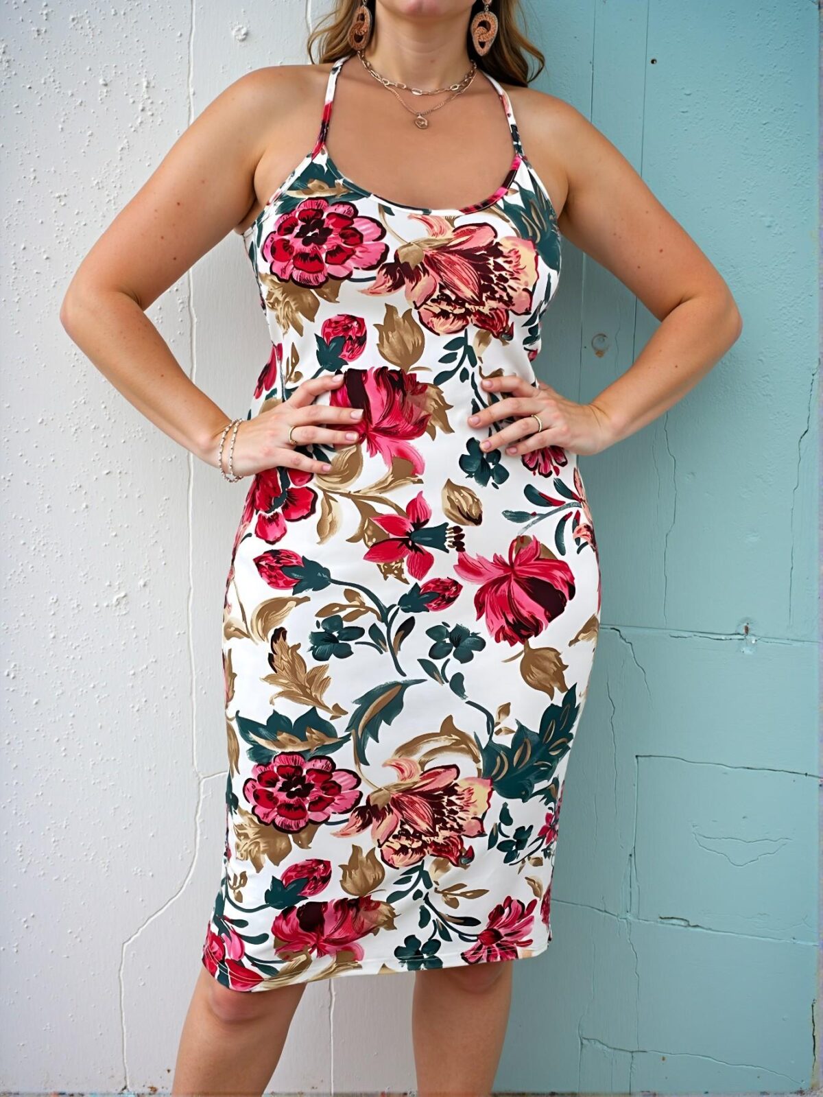 Elegant Multicolor Floral Print Crisscross Backless Halter Neck Bodycon Dress Chic, Classy and Trendy Fashion Style to Dress to Impress - Image 3