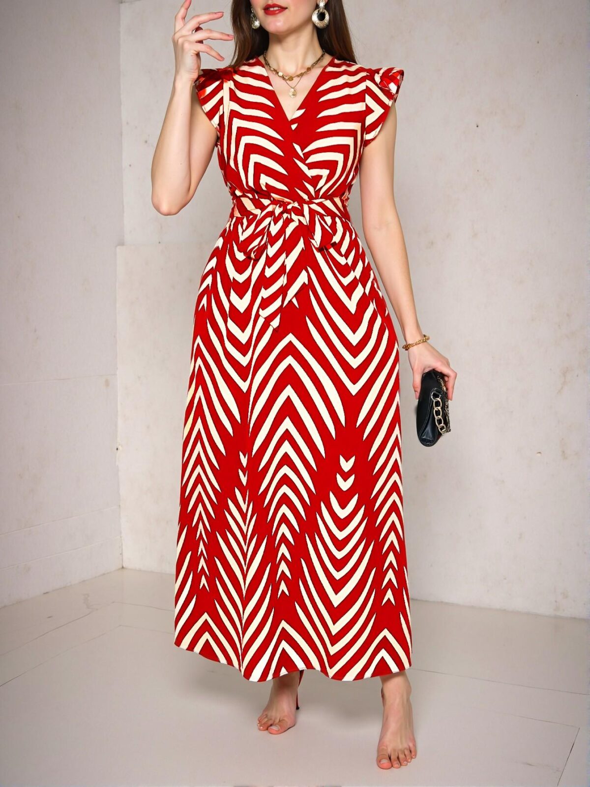 Elegant Red Flared V-Neck Dress with Butterfly Sleeves and Sash Tie - Chic, Classy and Trendy Fashion Style to Dress to Impress - Image 3