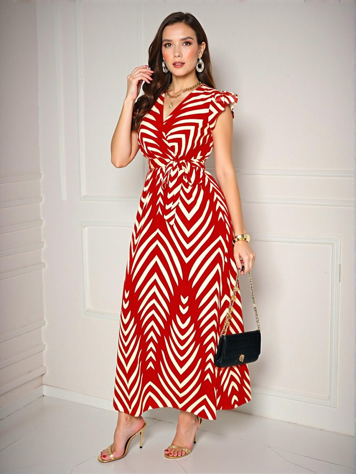 Elegant Red Flared V-Neck Dress with Butterfly Sleeves and Sash Tie - Chic, Classy and Trendy Fashion Style to Dress to Impress - Image 4