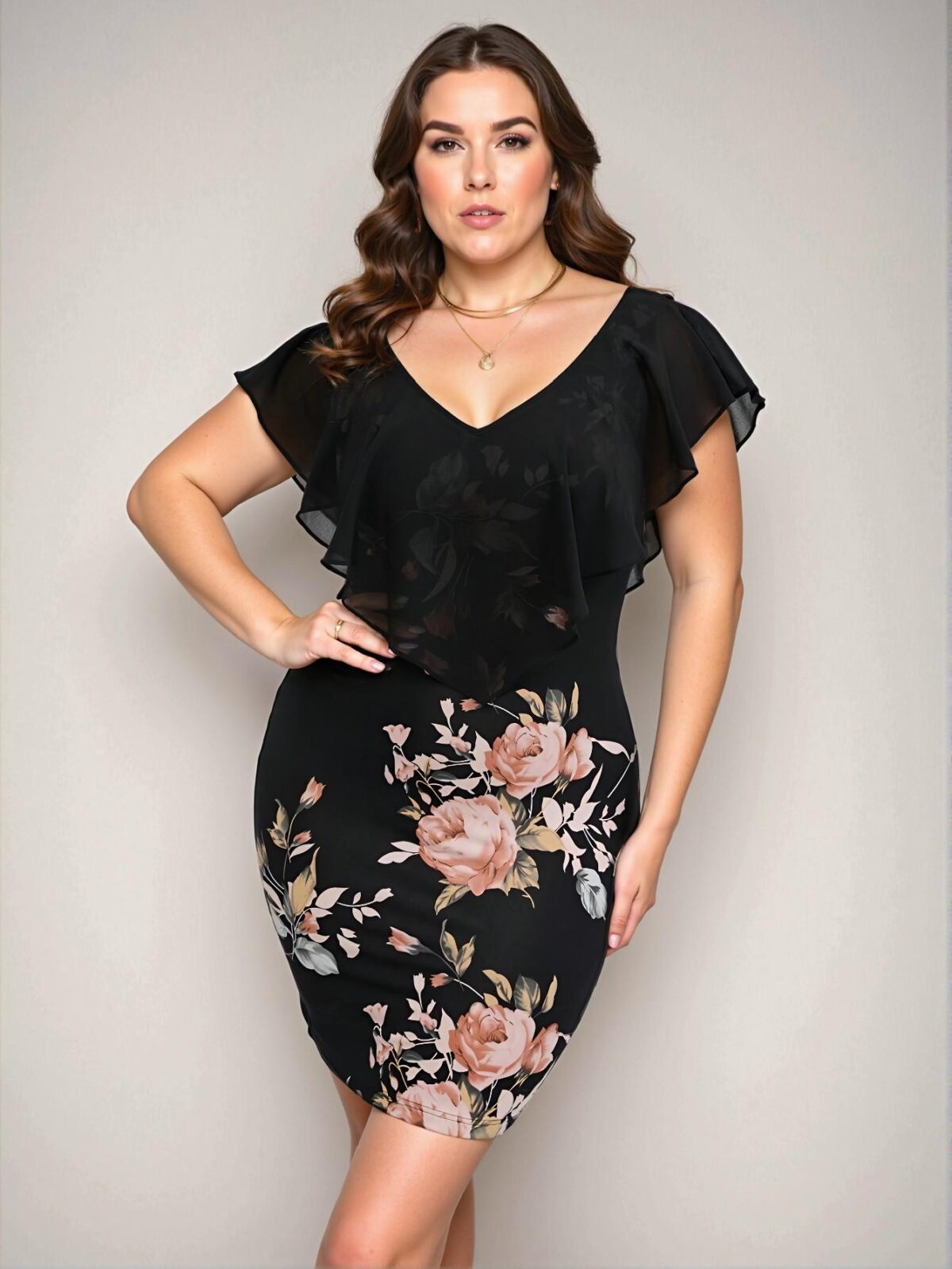 Elegant Multicolor Floral Print Ruffle Trim Bodycon Dress Chic, Classy and Trendy Fashion Style to Dress to Impress