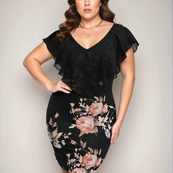 Elegant Multicolor Floral Print Ruffle Trim Bodycon Dress Chic, Classy and Trendy Fashion Style to Dress to Impress